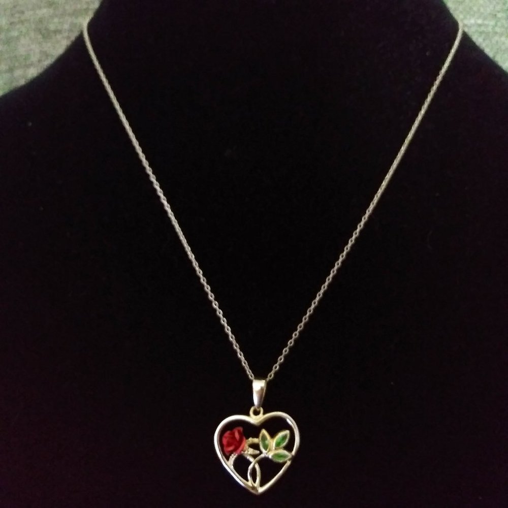 Vintage Sterling Silver Heart w/3-D Rose Necklace - Picture 4 of 11